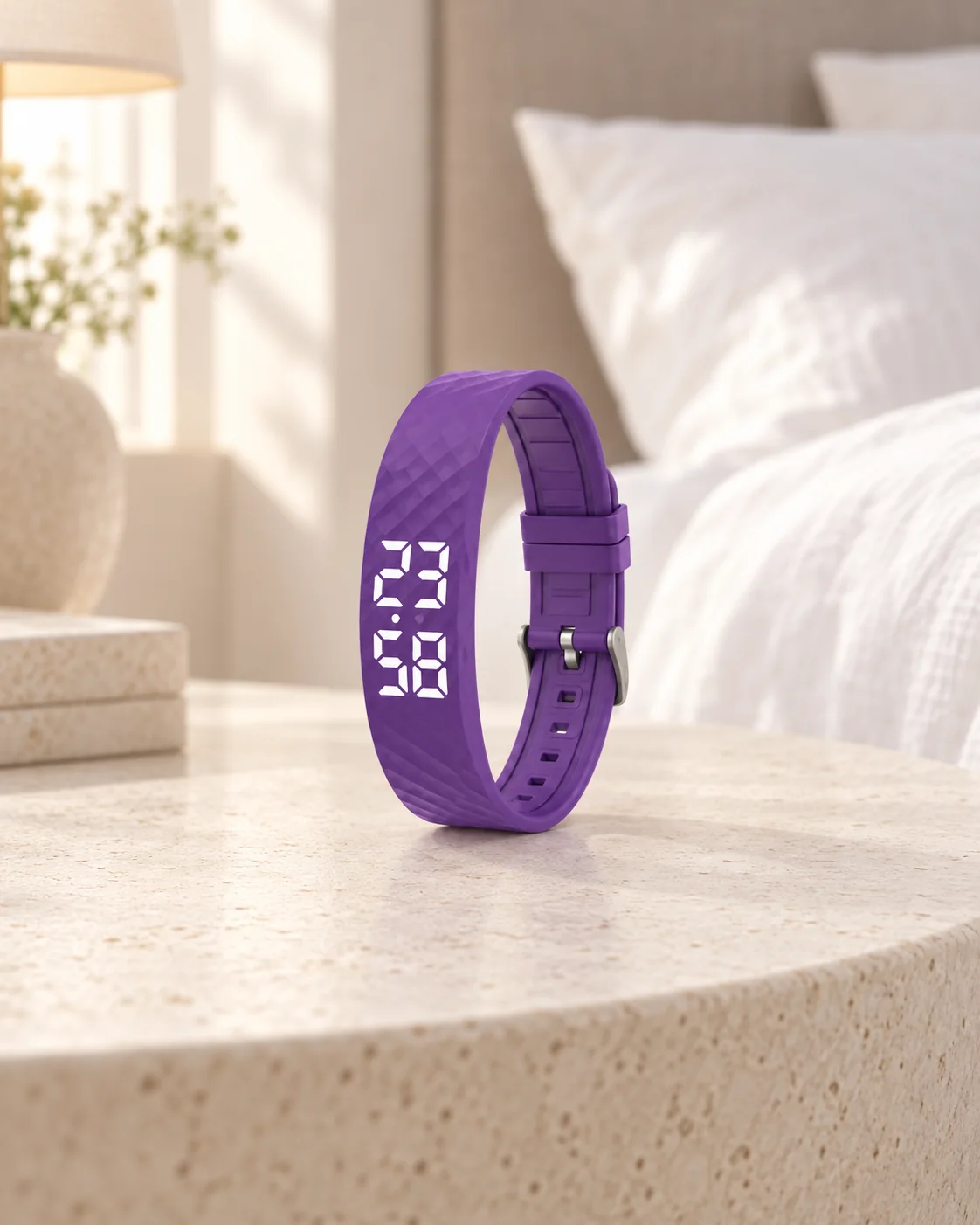 Purple HT30 bracelet beside ivory bedding